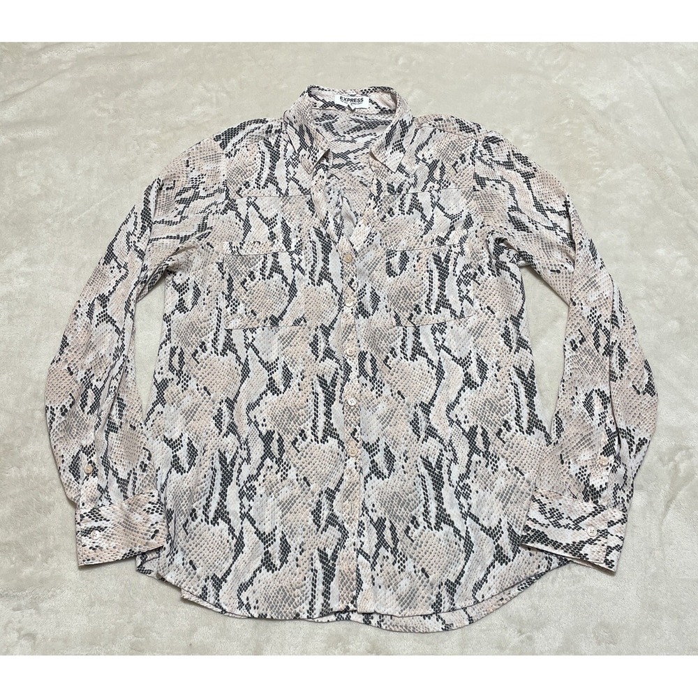 Express Portofino Top Womens Small Snakeskin Roll Tab Sleeve Button Up Blouse